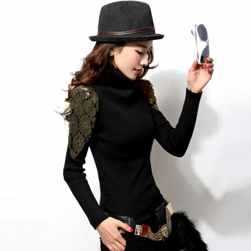 

New Turtleneck Sweaters Vintage Lace Black Knitted Long Sleeve Warm Sweater With Neck Women Casual Pullovers tricotado NS01