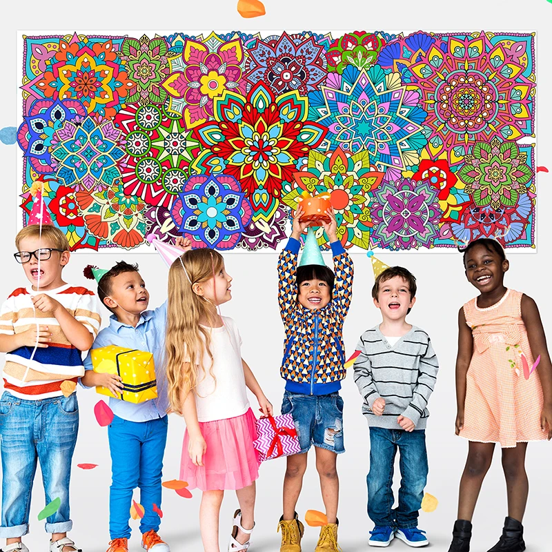 Jumbo Mandala Coloring Poster DIY Fill in Giant Flower Animal Butterfly Color Banner Drawing Craft for Party Activity Supplies
