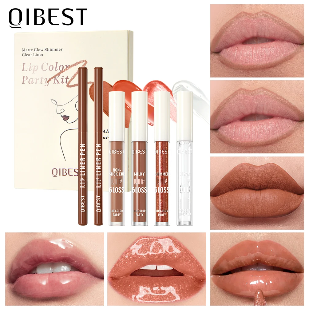 QIBEST 6 Pcs Lip Color Party Sets Include 2*Lipliner,1 Liquid Lipstick,2 Mirror Lip Glaze And 1 Transparent Lip Oil Cosmetic Kit