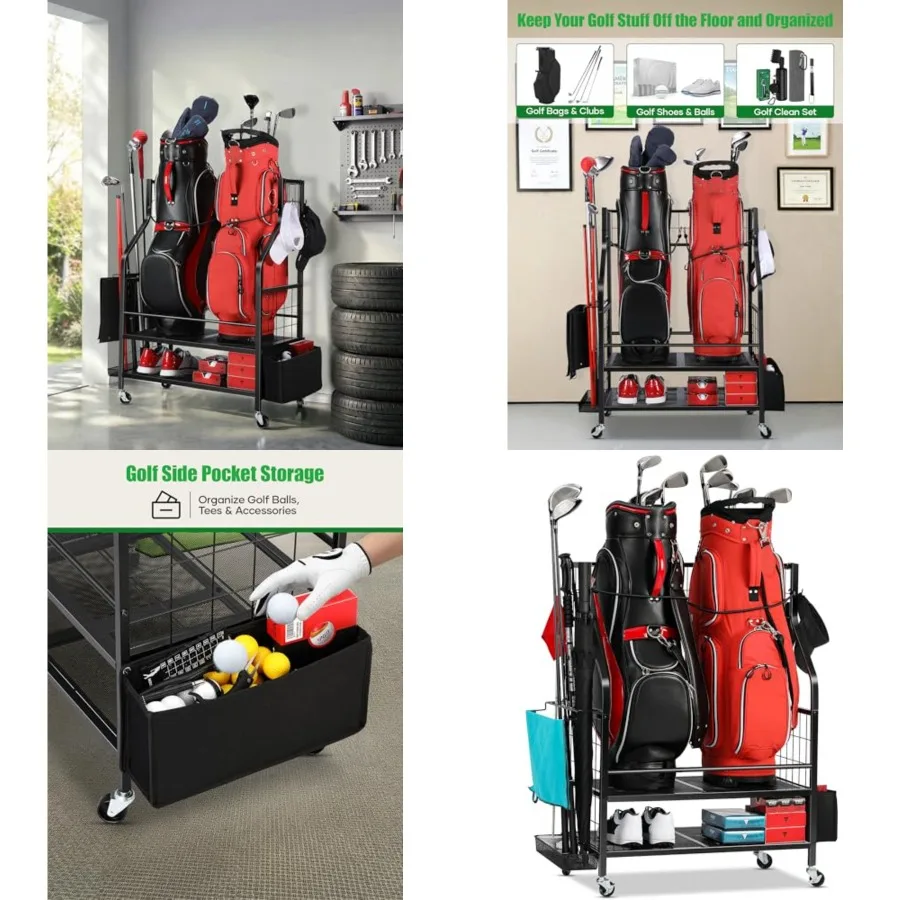 Golf Bag Storage Garage Organizer - Golf Bag Stand Fit for 2 Bag, Extra Clubs, Balls, Shoes, and Golf Equipment Accessories, Go