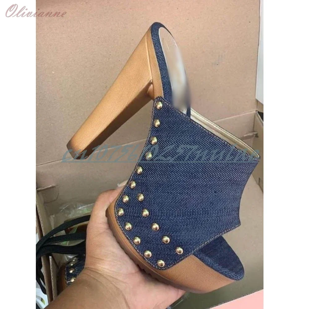 Blaue Denim-Seite, runde Metallnieten, Dekor-Hausschuhe, Retro, klobiger Absatz, Party, elegante Damenschuhe, 2026, sexy Para Mujere