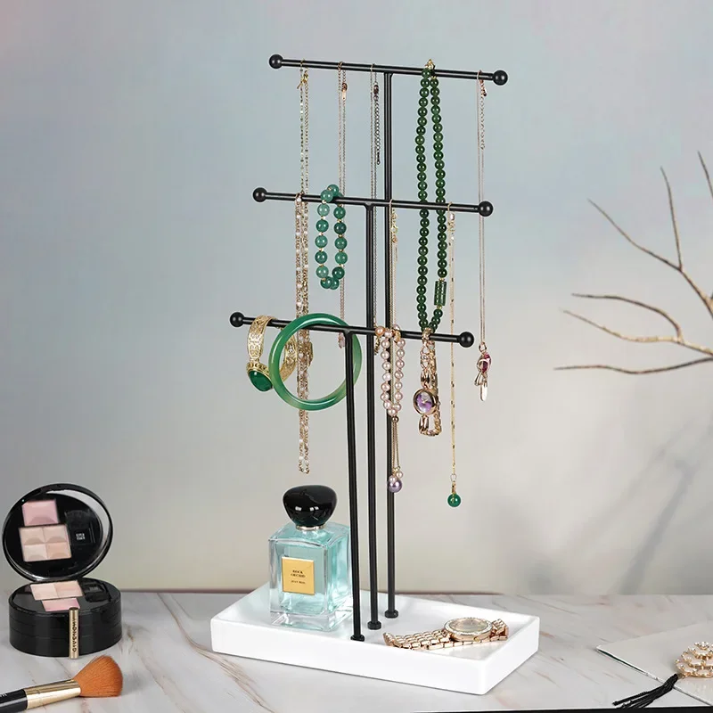 Barra en T Metal de latón de 3 niveles, soporte organizador de joyas, exhibición colgante collar y pulsera con bandeja