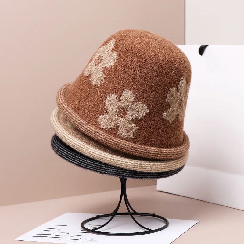 New Autumn/winter Knitted Flower Bucket Hat Warm Wool Rolled Rim Basin Hat