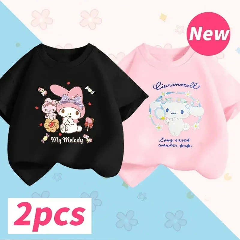 Sanrio Kuromi Cinnamoroll Short Sleeve Kawaii Pure Cotton Printing Girl Cartoon Summer Loose Style Children Top Casual Clothes