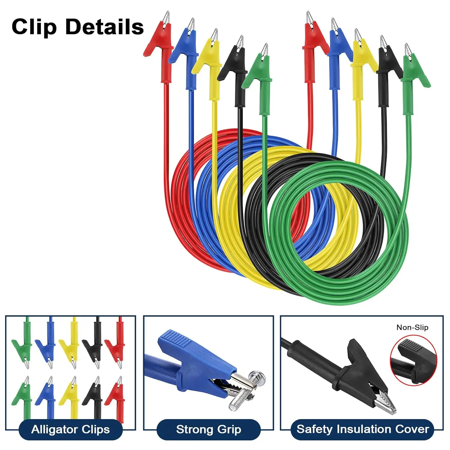 5Pcs Dual Ended Crocodile Alligator Clips 10A Test Lead Wire Cable 1M Test Flexible Cable with Protective Jack Copper Clamps