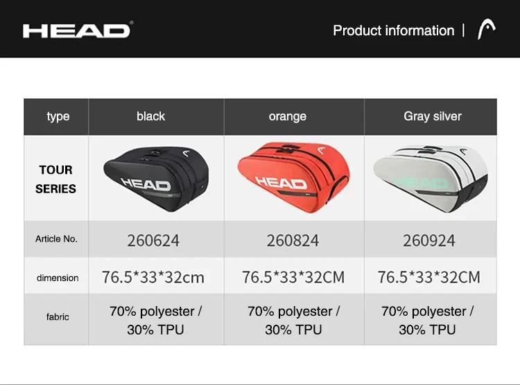 HEAD Tour Black Large Capacity for 4-5 Rackets Shoulder Tennis Sports Racket Bag Court Bag Without Shoes Compartment Tennis Bag