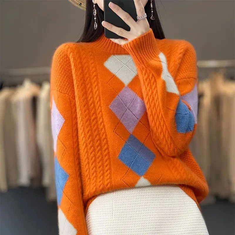 Autumn and Winter Women\'s Contrast Color Argyle Half High Collar Long Sleeve Knitted Sweaters Jumpers Fashion Casual Tops