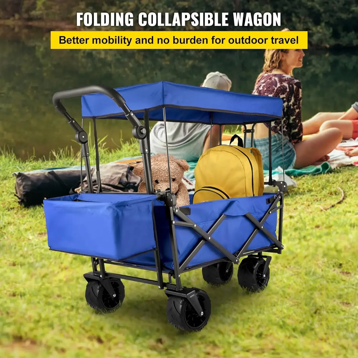 Collapsible Wagon with Removable Canopy, 220lbs Heavy Duty Foldable Beach with Big Wheels Stroller