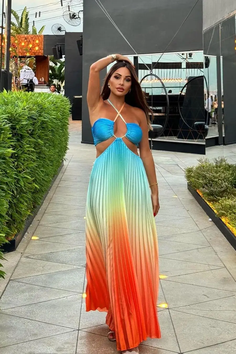 Sexy Gradient Halter Pleated Long Dress Women's Sexy Sleeveless Backless Evening Party Dresses Holiday Vacation Outfit Summer