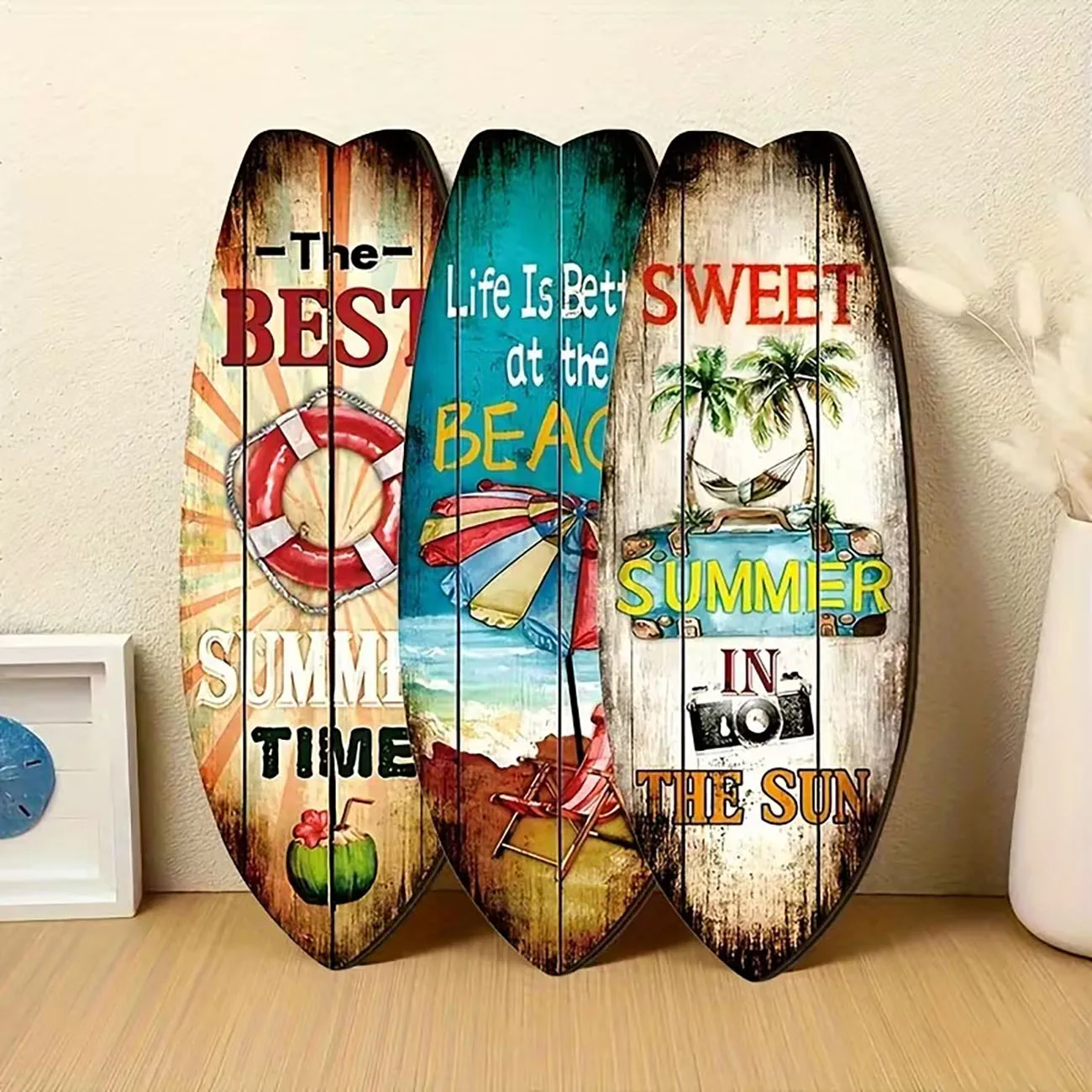 Set of 3 Nautical Surfboard Wooden Wall Stickers with Nano Tape, Rustic Summer Wood Wall Art for Beach House Decoration