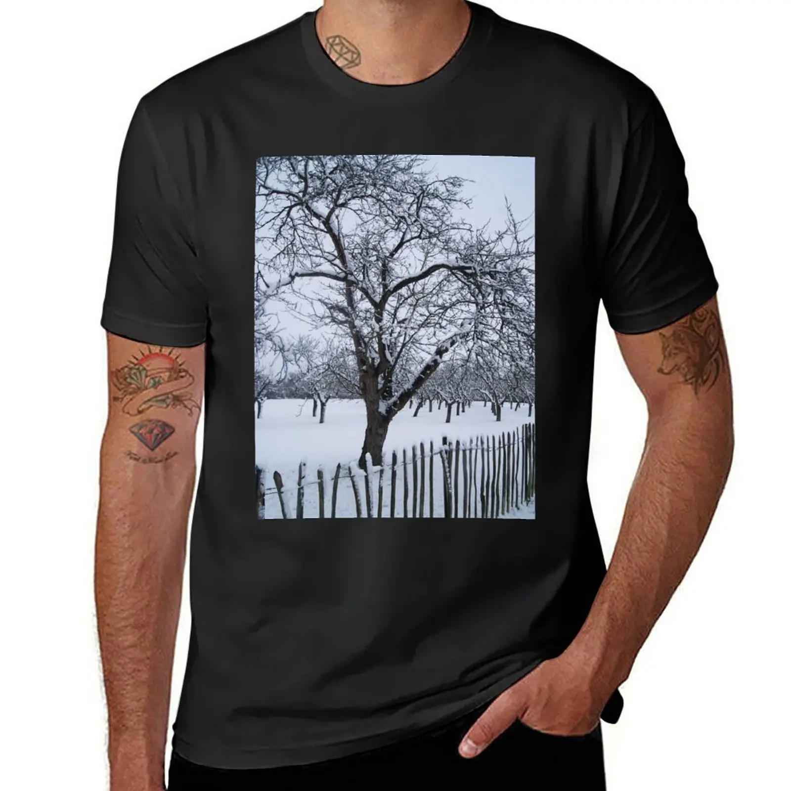 Snowy orchard tree. T-Shirt sports fans shirts graphic tees plus size tops quick-drying oversized t shirts for men