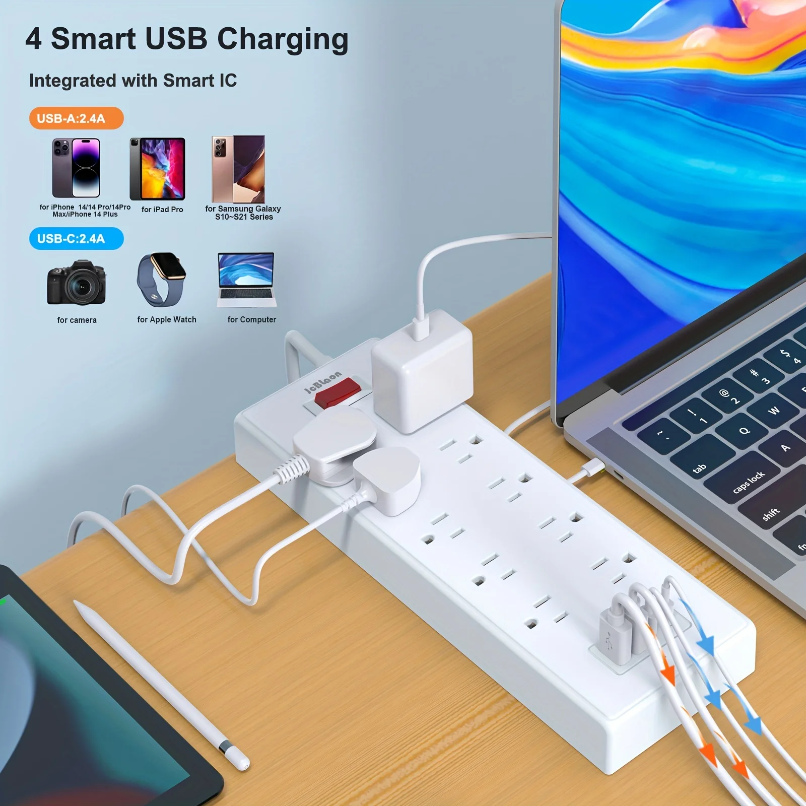 Socket Extender - Plug Extension Cord with 10 Outlets and 4 USB Ports, 5ft Power Strip Surge Protector,1625W/13A,Wall Mountable