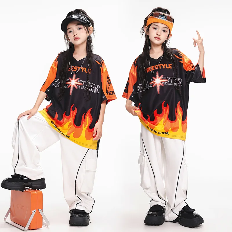 

Kid Hip Hop Clothing Black Orange Flame V Neck T Shirt White Casual Pockets Sweat Pants for Girl Boy Jazz Dance Costume Clothes