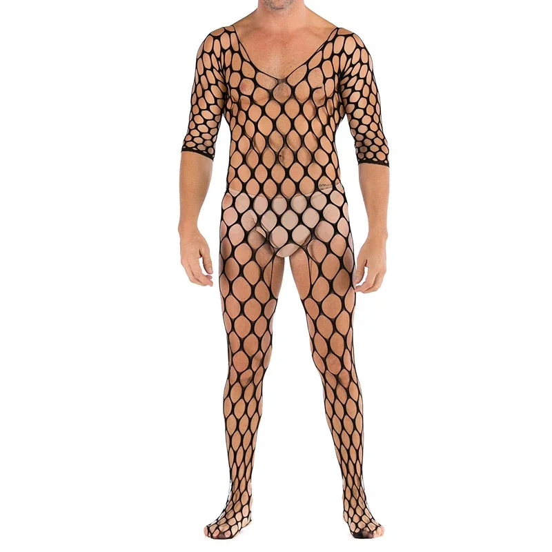 Men Sexy Tight Pantyhose See Through Body Stockings Bodysuit Underwear Jumpsuit Open Crotch Fishnet Bodystocking Gay Nightwear