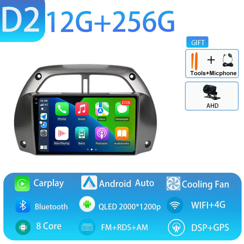 Android 15 voor Toyota RAV4 2001-2005 Draadloze CarPlay Autoradio Video Audio Multimedi Speler Auto BT WIFI 4G 2K QLED Geen 2 din