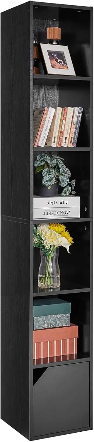 

6 Tier Narrow Bookcase with Doors, Cube CD DVD Storage Cabinet,Slim Media Tower Rack,Cabinet,Black Bookcase Display Storage Shel