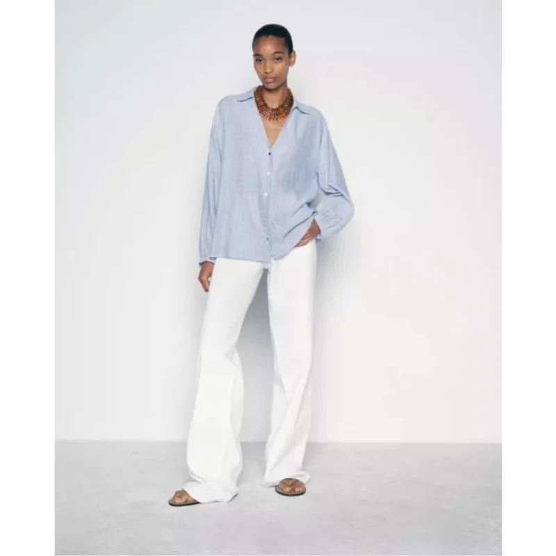 Primavera Autunno 2024 Miscela di lino da donna a righe lunghe Sve Colletto rovesciato irt Vestibilità ampia V-ne Lunghezza regolare Sve