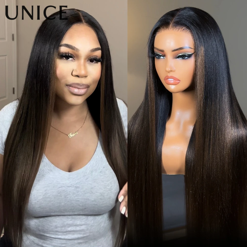 

UNICE 7x5 & 13x4 Pre Cut Pre Bleached Glueless Wigs Human Hair Drawstring Cap Chesnut Brown Ombre Yaki Straight Wig 150% Density