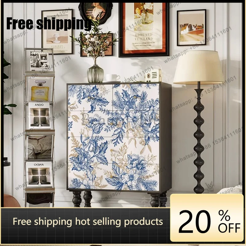 JJ -French retro solid wood chest of drawers, living room painted and printed against the wall, light luxury decorative locker
