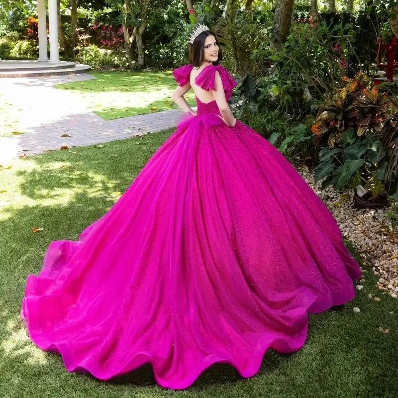 Customized Rose Red Shiny Quinceanera Dresses Off The Shoulder Beading Pearl Tull Ball Gown Birthday Party Sweet 16 Vestidos De