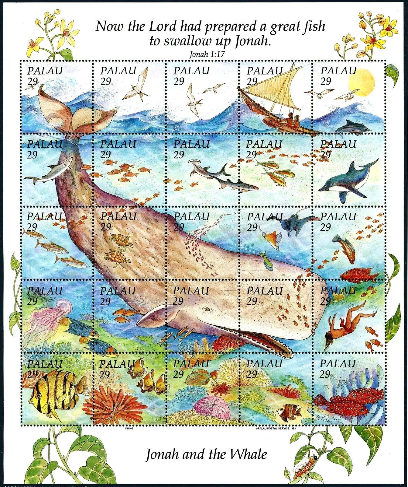 Estampillas postales coleccionables de Palau del año 1993, animales marinos, peces, Jonah y la ballena, 1 hoja, 25 estampillas nuevas para álbumes de recortes