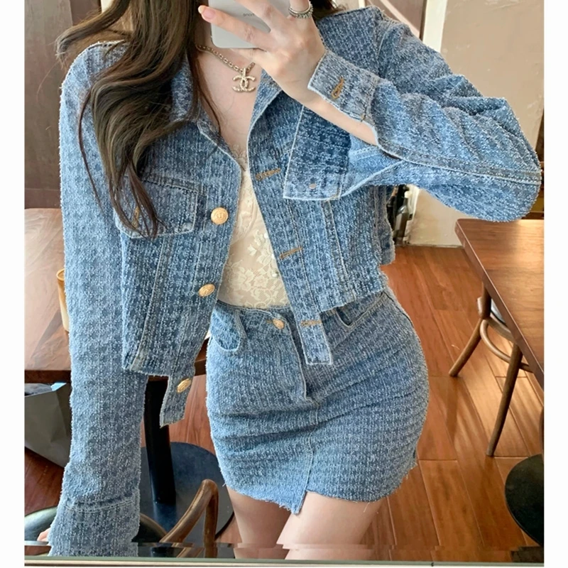 2022 Spring New Female Skirt Wear Suit Casual European And American Fashion Denim Jacket And Irregular Skirt Two-Piece Set