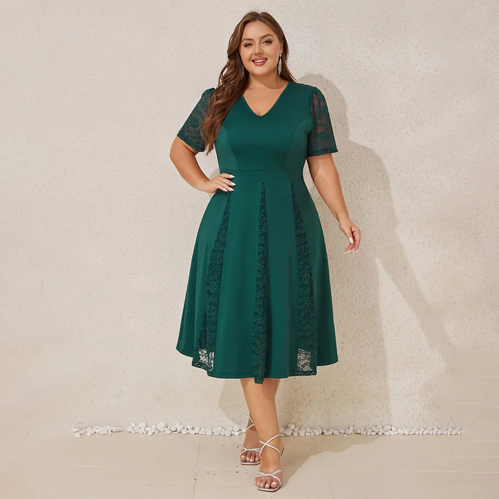 حجم كبير المرأة أنيقة الصلبة الدانتيل الخامس الرقبة نفخة الأكمام ألف خط ميدي فستان السيدات حفلة كوكتيل مساء الكرة ثوب حجم 0XL-5XL