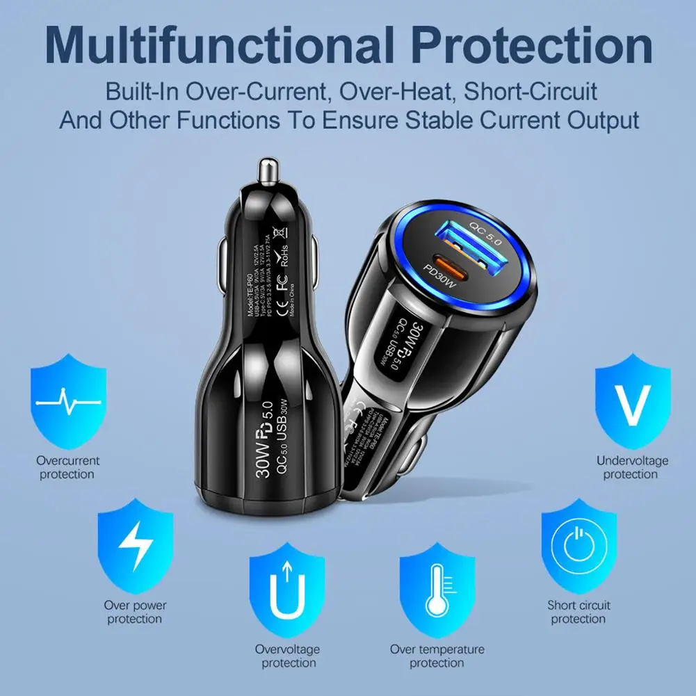 

Новейшее автомобильное зарядное устройство 60W Dual Line QC5.0 USB+PD30W для быстрой зарядки телефона, универсальный автомобильный адаптер CE, черный и белый цвета.