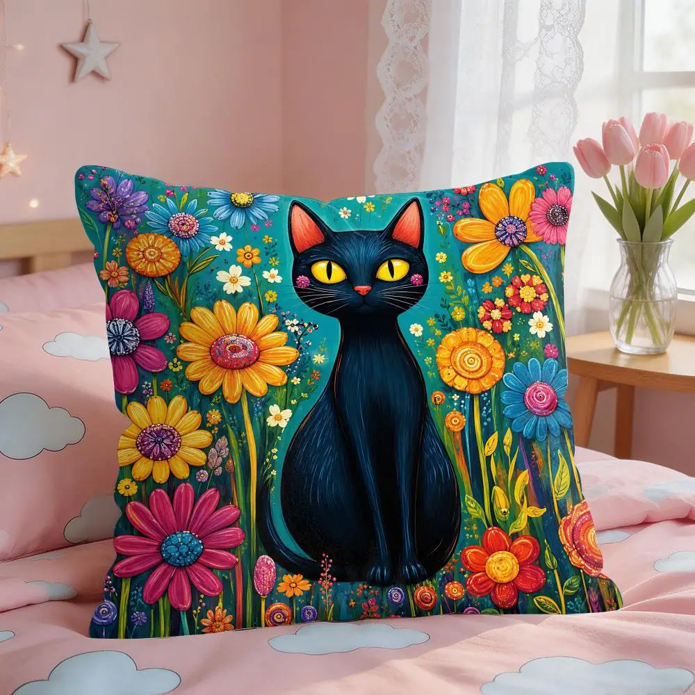 Starry Night Cat Bloom Cushion Cover Silky Short Plush Invisible Zipper Dustproof Sofa Pillow Case for Home Decor