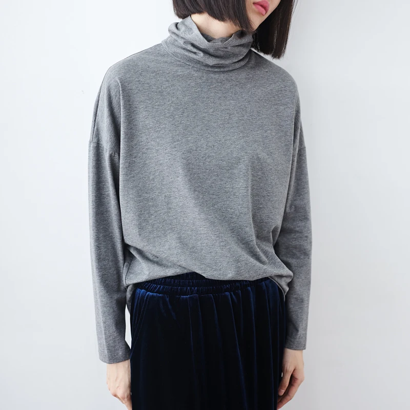 

Простая свободная одежда из чистого хлопка, повседневная одежда с высоким воротником, маленькая Fi, осенне-зимняя внутренняя одежда, длинная теплая женская футболка