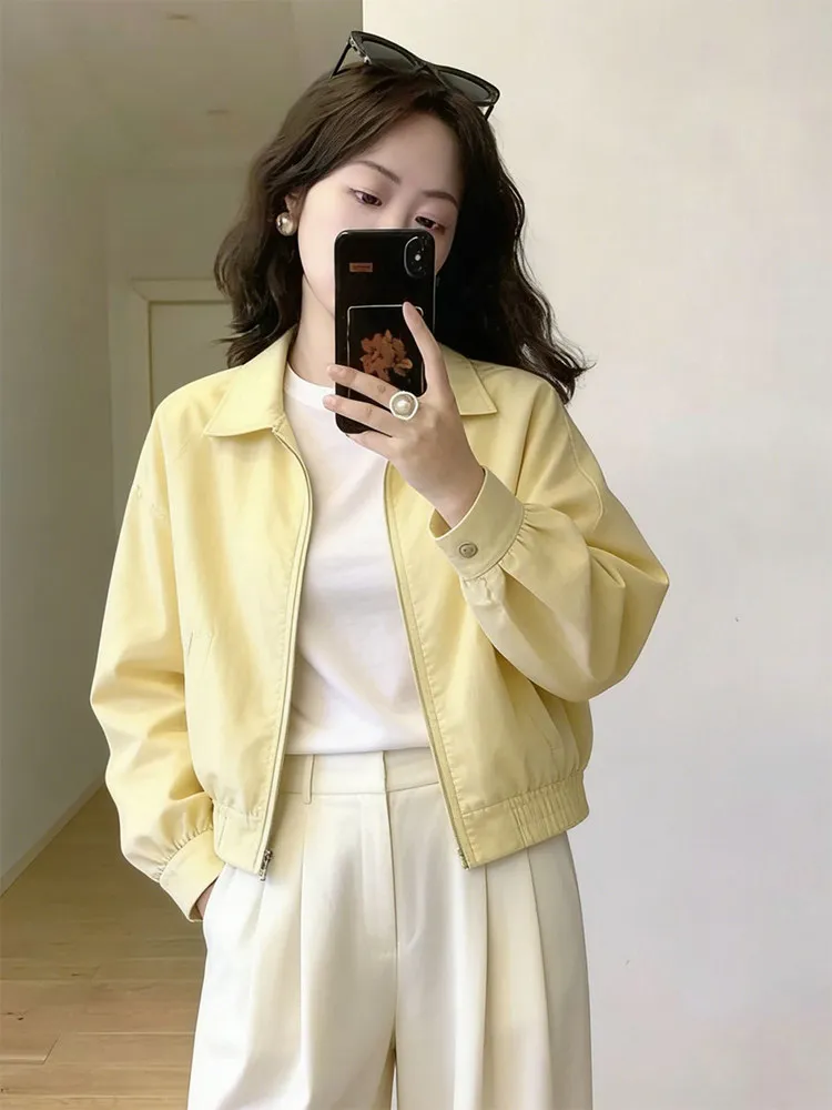 Yellow Korean Style Zipper Collar Jacket Women's Early Spring High End Elegant Beautiful Outerwear Short Coat for Ladies