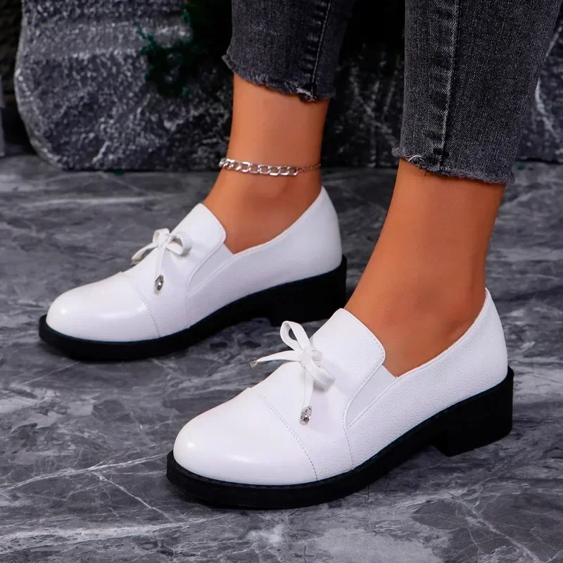 2024 Hot Sale Ladies Shoes Slip on Women\'s Pumps Autumn Round Toe Solid Butterfly-knot Platform Chunky Heels Rubber Work Pumps