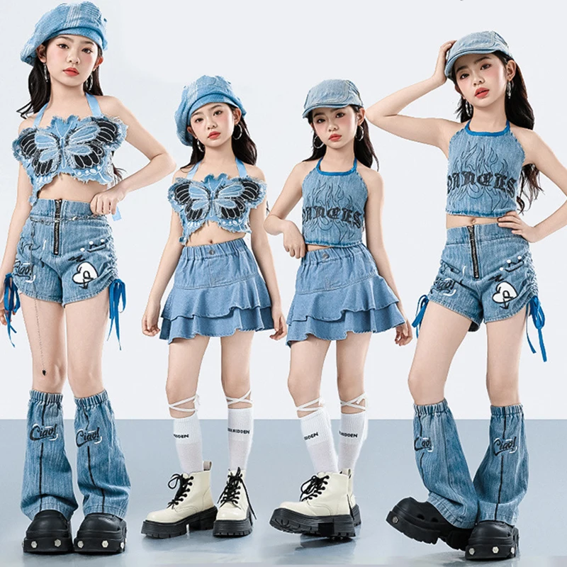 tenue-de-scene-de-danse-jazz-pour-filles-ete-2026-costume-de-spectacle-kpop-bleu-ensemble-de-performance-mode-enfant-streetwear-gilet-jupe-short-5603