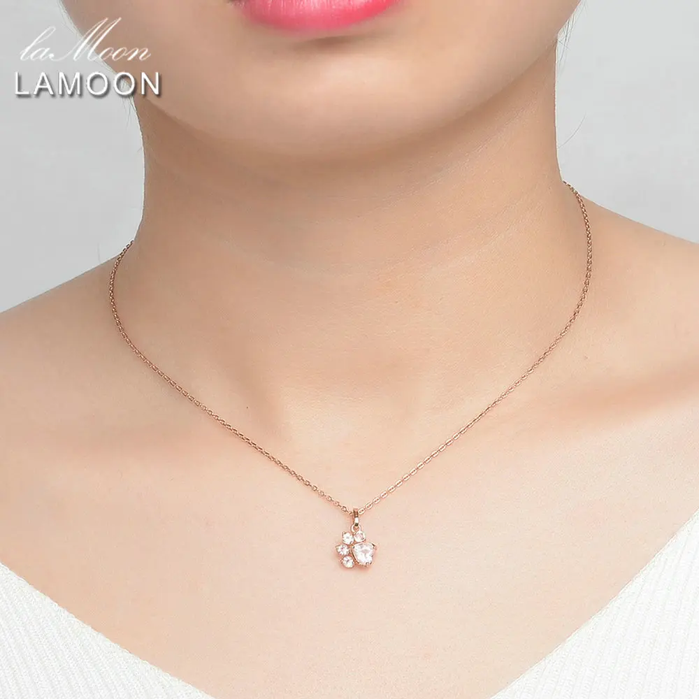 LAMOON Bear\'s Paw Pendant 925 Sterling Silver Necklace Natural Rose Quartz Gemstone Jewelry Rose Gold Chain Necklaces LMNI027