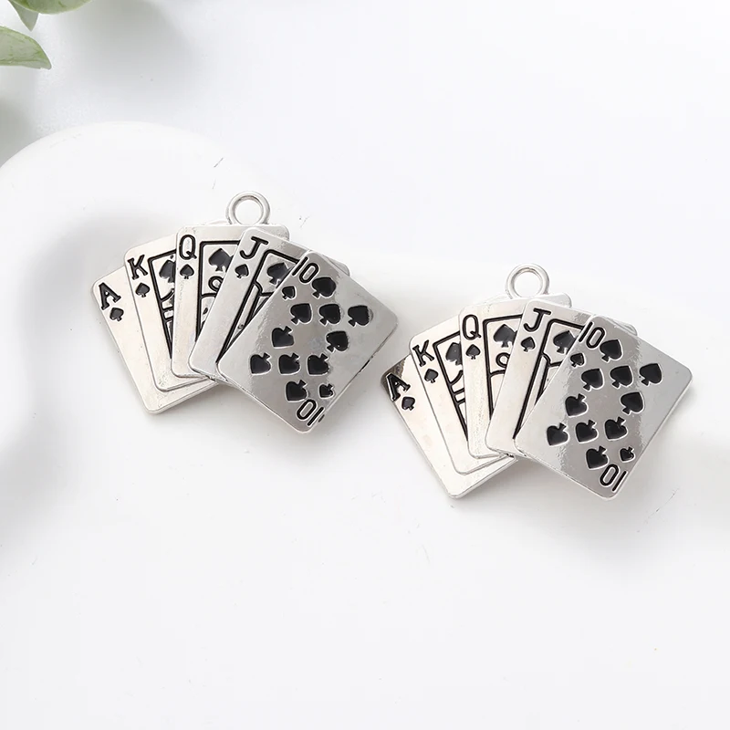 2pcs Playing Cards Poker Enamel Charms Silver Color Enjoy Punk Pendants For Making Handmade DIY Findings Jewelry Accessories