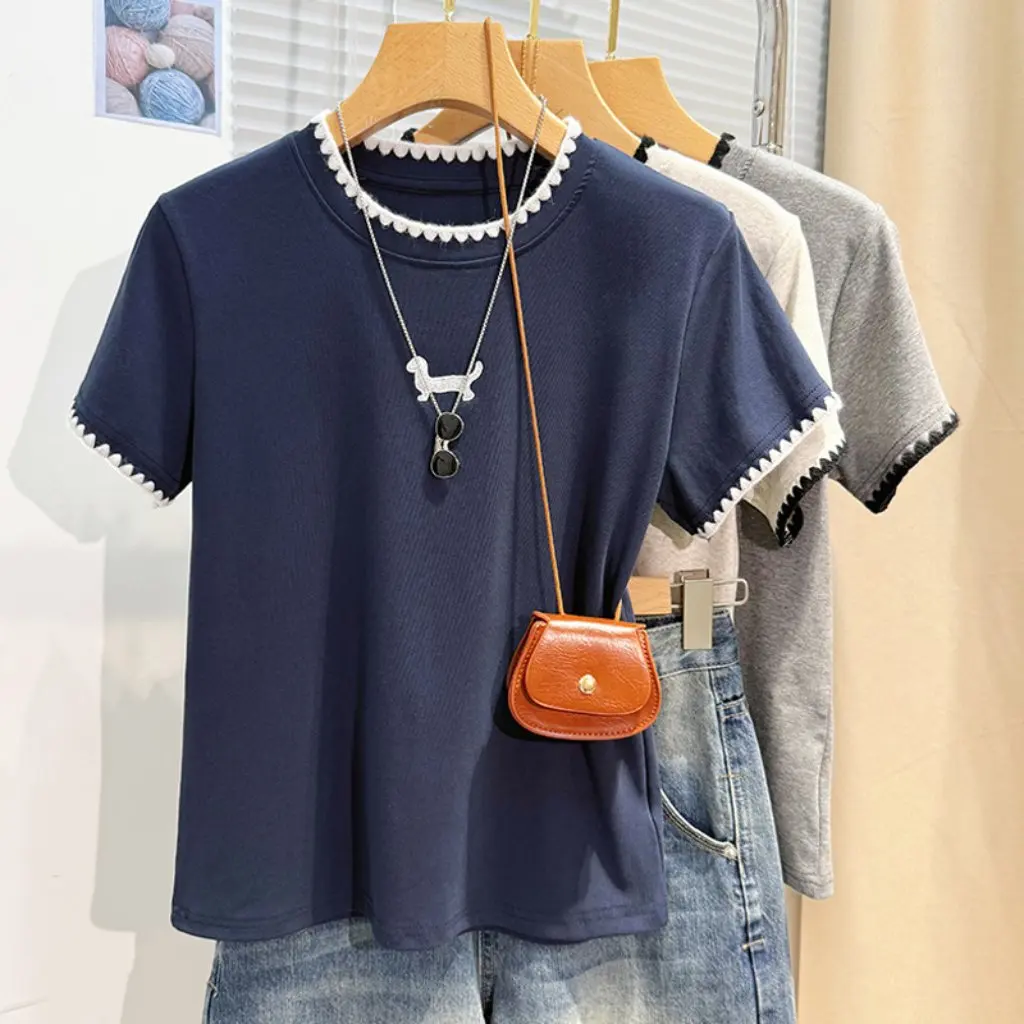 

Puppy Embroidered Short-Sleeved Shoulder T-shirt Women's Summer Fashion Top Shell Craft Sweet Design Casual Sense Niche