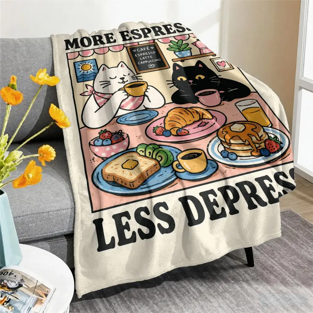 More Espresso Less Depresso Black Cat Throw Cozy Summer Nap Flannel Blanket Soft Throw for Office, Couch, Travel & Bed