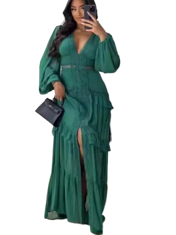 

Deep V Neck Spring Autumn Patchwork Party Dress Women Long Sleeve Hollow Out Maxi Dresses New Fashion Elegant Solid Lady Vestido