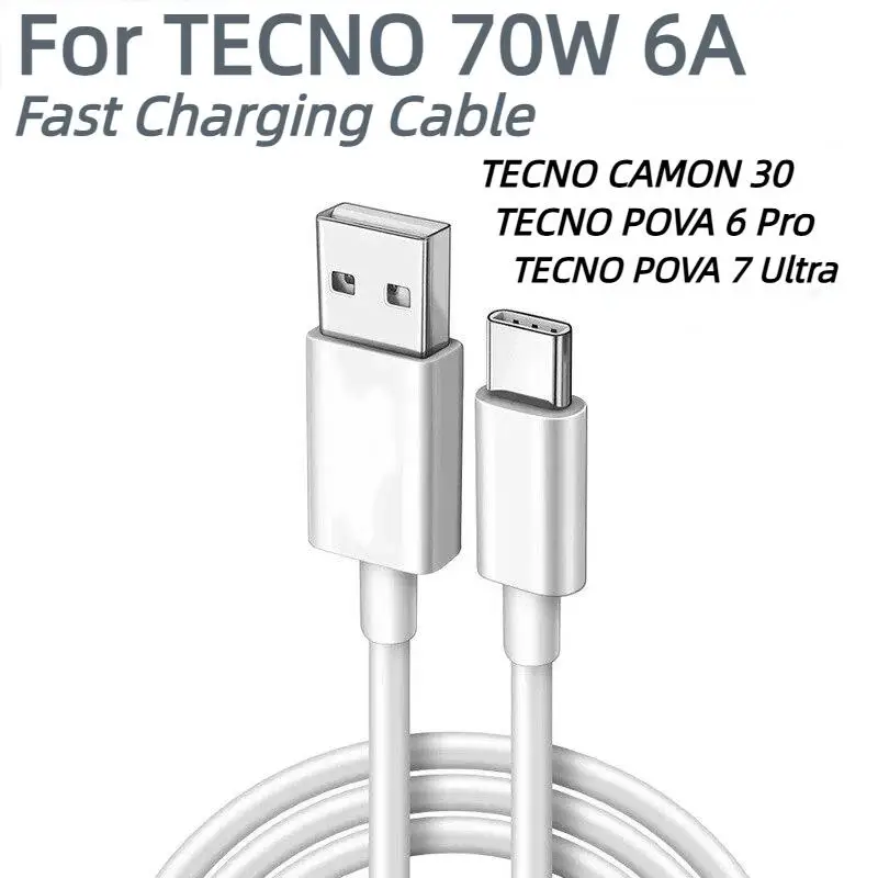 70W Fast Charging Cable for TECNO POVA 6 Pro/7 Ultra and TECNO CAMON 30 Series.  USB Type-C interface, supports 6A high current