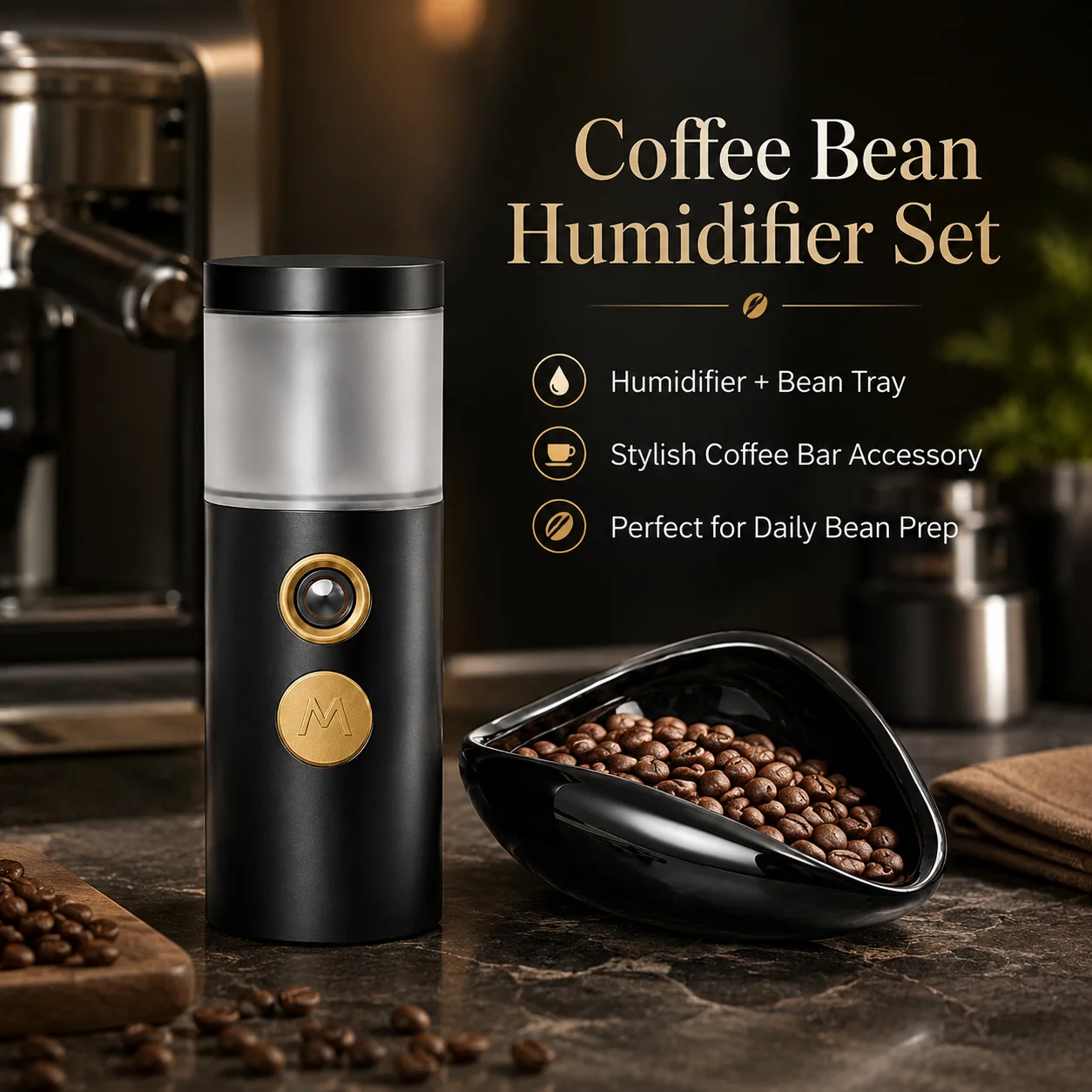 Premium Coffee Bean Humidifier Mister and Dosing Cup Set, Electric RDT Spray Bottle with Ceramic Tray Barista Accessory Packs