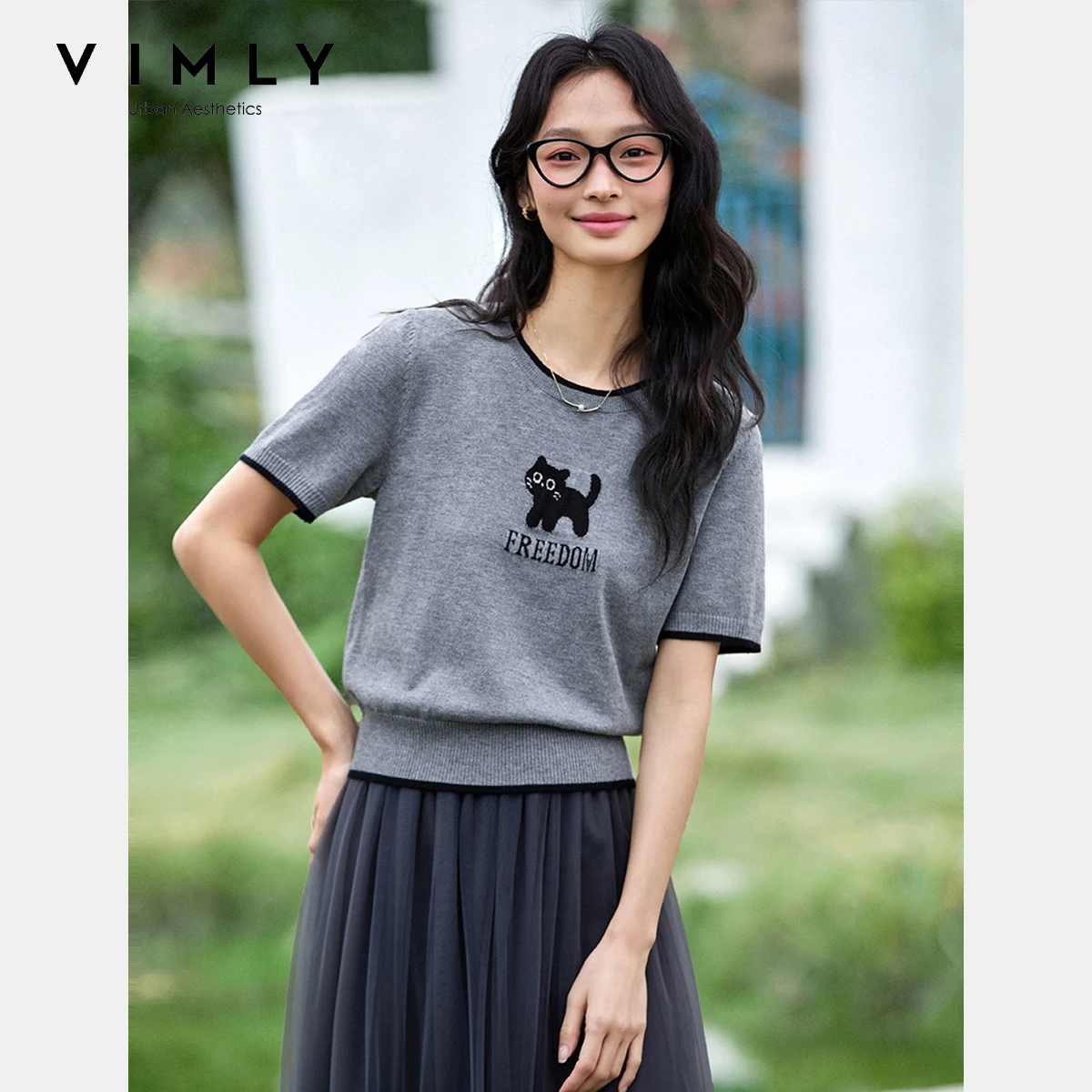 

VIMLY Women's 2025 Summer Contrast Color Clothes Crew Neck Cat Jacquard Funny Embroidered Short Sleeve Top Ladies Clothes 73987