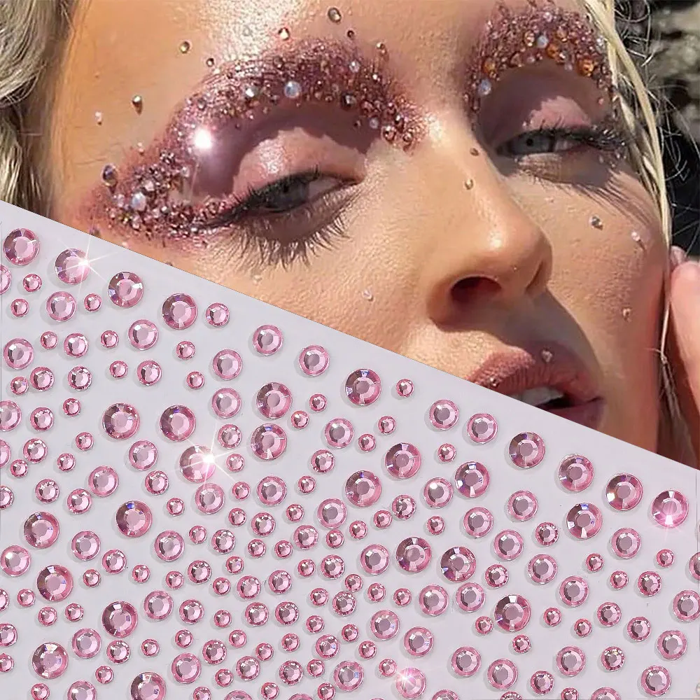 3/4/5mm Mix Pink Diamond Face Eye Body Rhinestones Stickers 10*16cm Self Adhesive Glitter Gemstones Tattoo Decals Party Festival