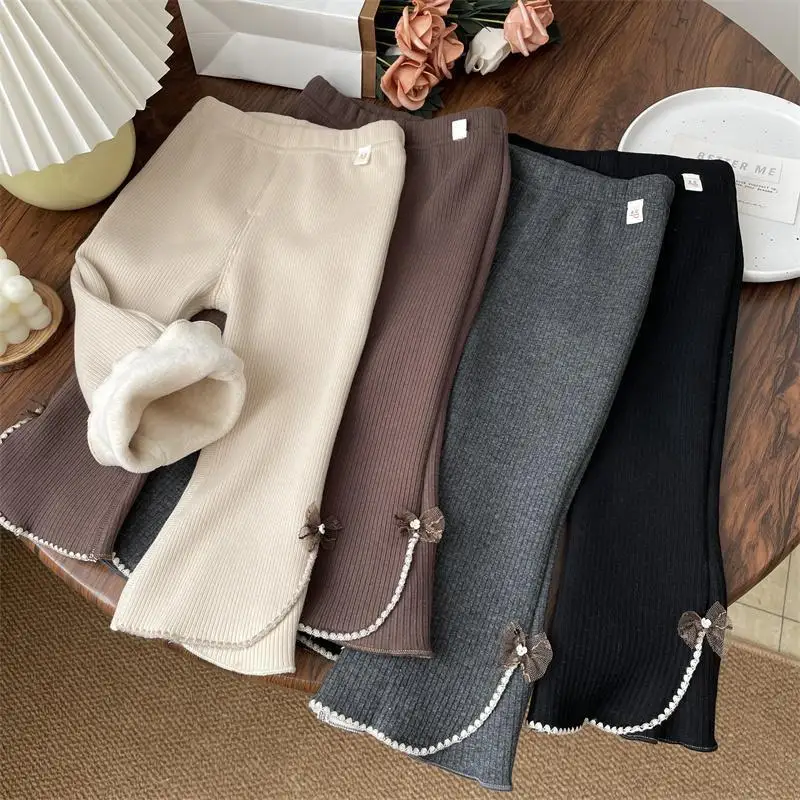 

Girls' Versatile Slim-Fit Fall/Winter Casual Pants Bow-Detailed Fleece-Lined Bell-Bottom Pants Children's Fleece-Lined Underwear