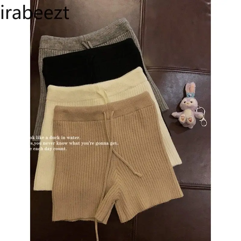 

White Knit Casual Trousers Women's New Autumn High-waisted Drawstring Wide-leg Pants To Wear Women Clothing Slim Shorts