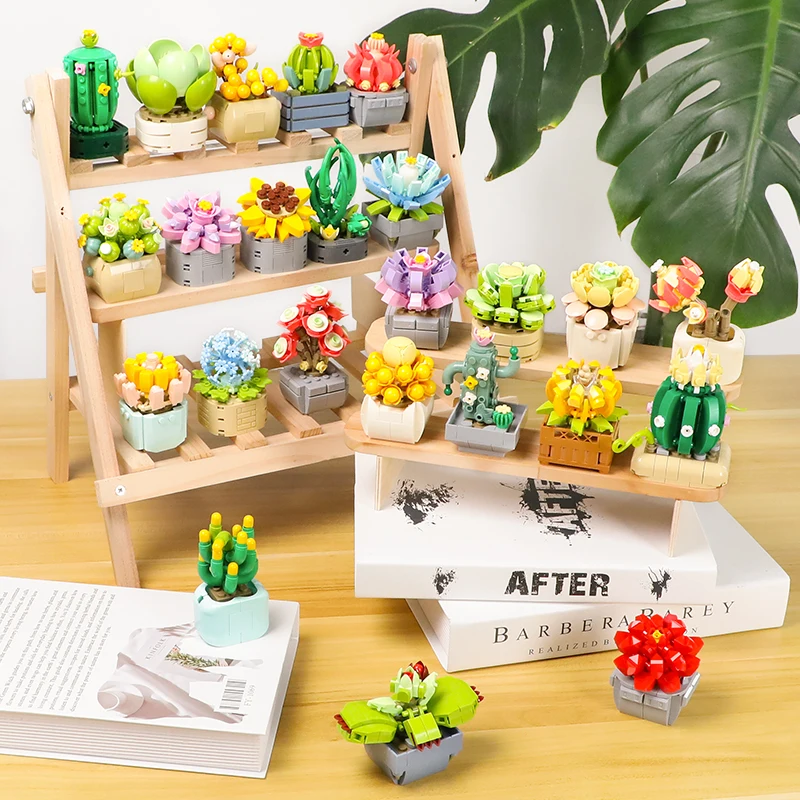 24 designs de blocos de buquê de flores colecionáveis, brinquedo de figura de rosa suculenta DIY, presente de Natal de aniversário infantil