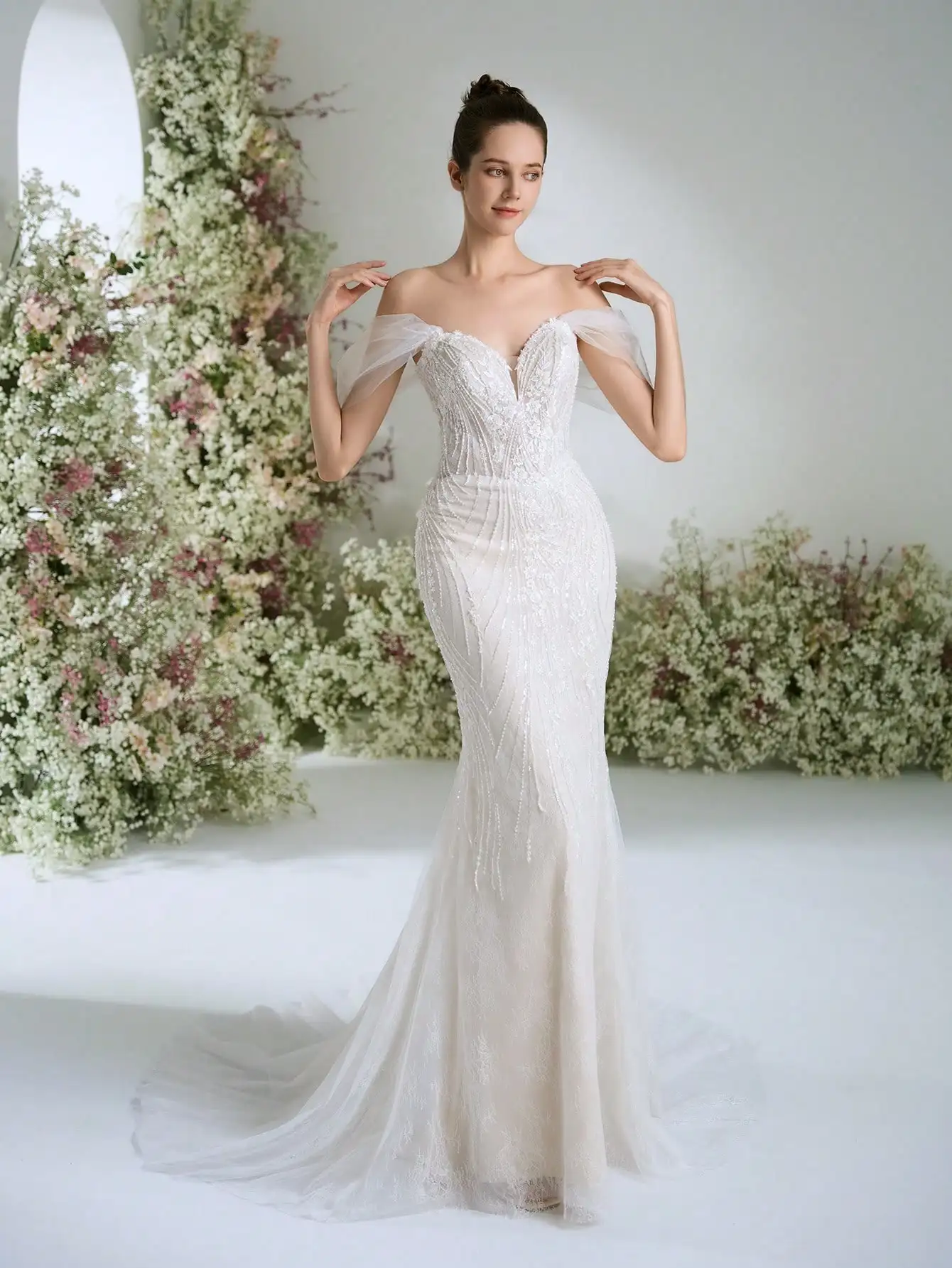 

Off-Shoulder Mermaid Wedding Dress with Pearl Embroidery and Tulle Train