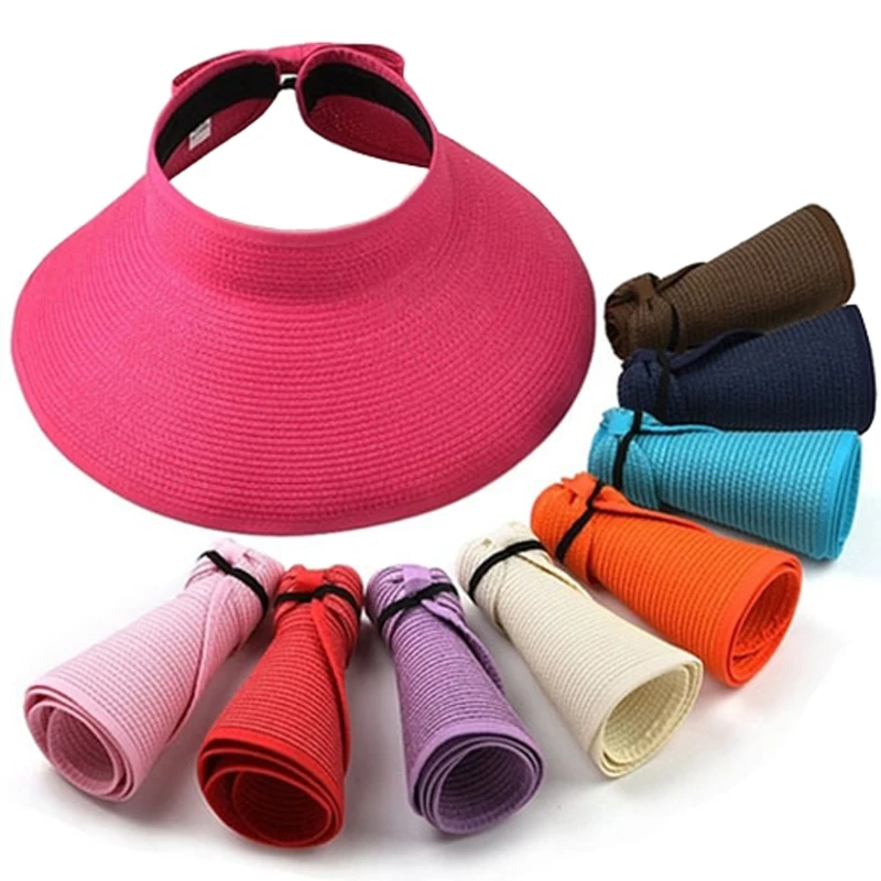 Fashion Girl Women Lady Foldable Roll Up for Sun Beach Wide Brim Straw Visor Hat