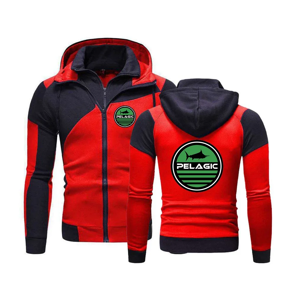 

2024 Men New Pelagic Fishing Logo Spring and Autumn Printing Leisure Hooded Color Matching Hoodie Double Zipper Pullover Tops