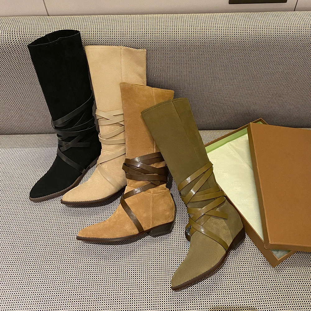 2023 INS Frauen Echtes Leder Kuh Wildleder Kniehohe Stiefel Winter Warme Schuhe für Frauen Blockabsatz Western Stiefel Schuhe Größe 43