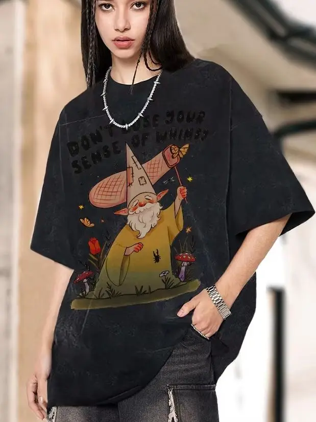 

Halloween Style T-Shirt Witch Old Man Letter Printing Pure Cotton High Gram Weight Round Neck Pullover Summer New Short Sleeves